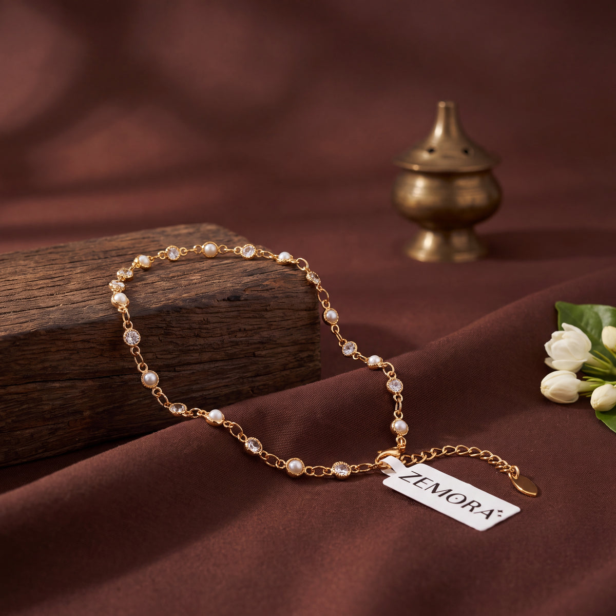 Pearl & CZ Bezel Station Gold Anklet