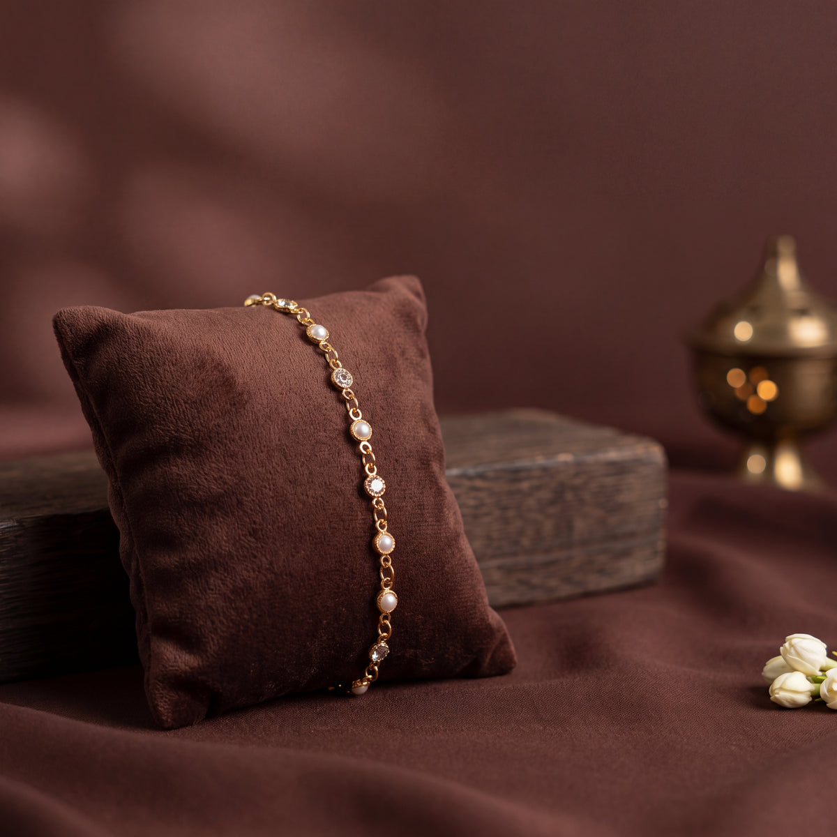 Pearl & CZ Bezel Station Gold Anklet