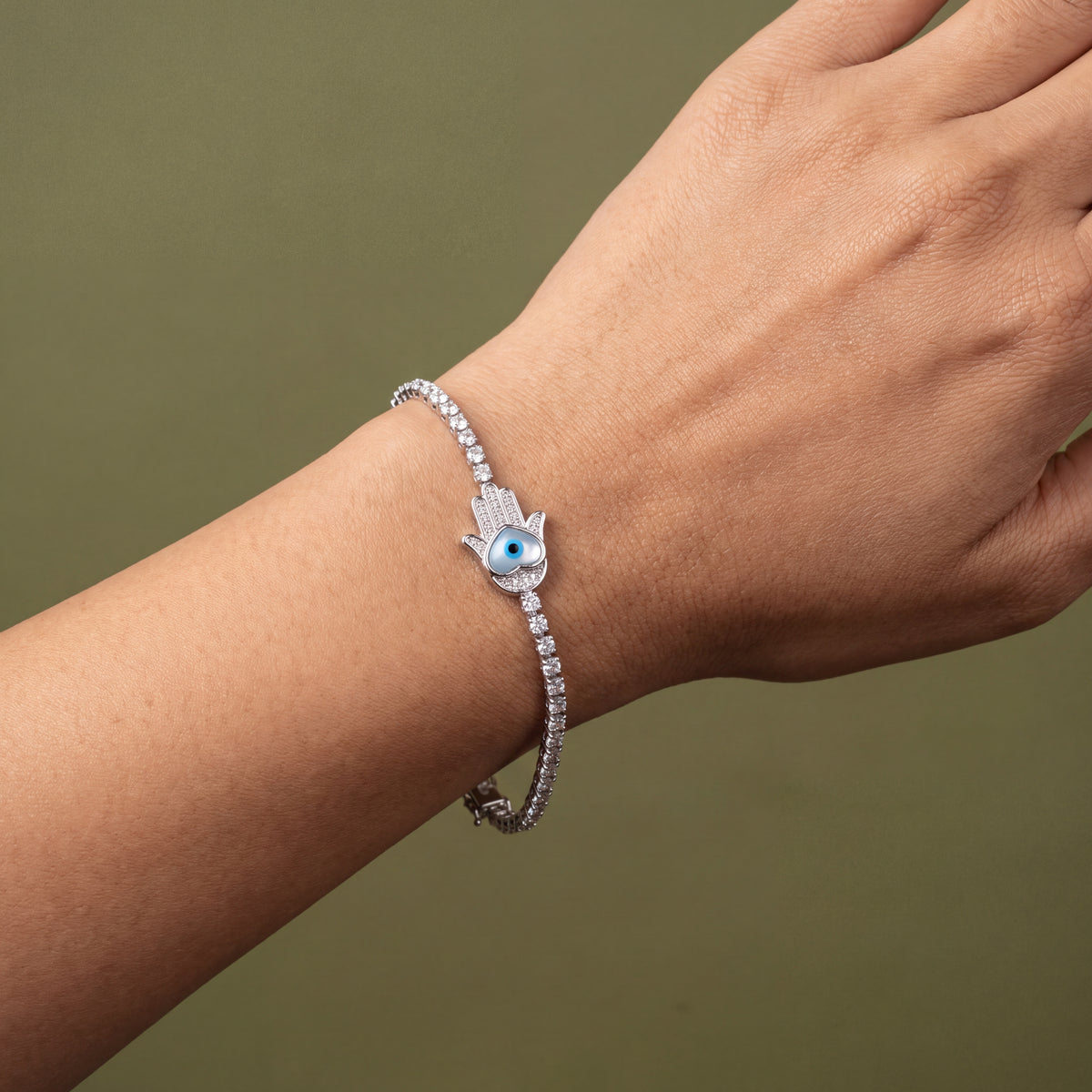 Evil Eye Hamsa Hand Station CZ Tennis Bracelet