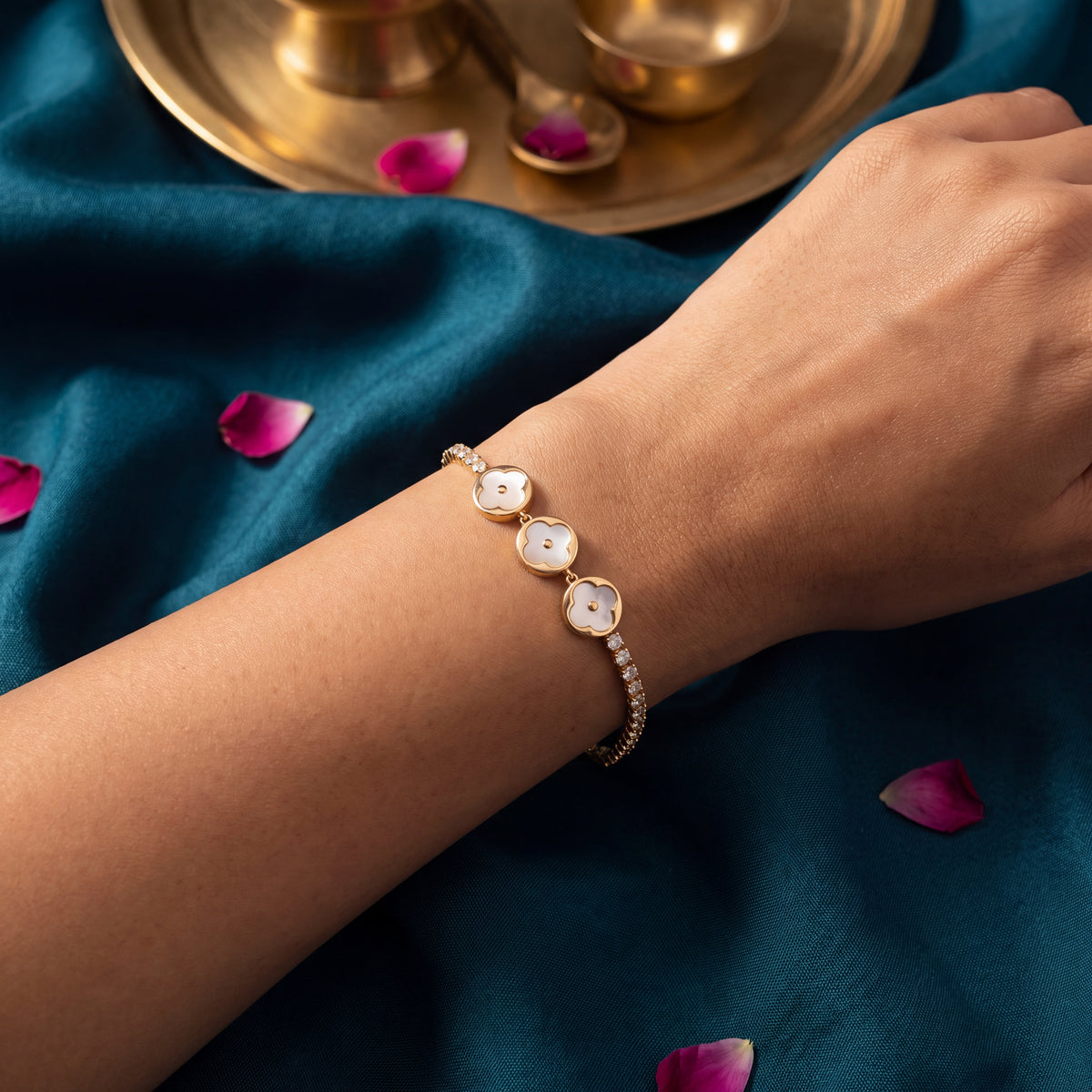 Dual-Tone Pearl Clover Trio CZ Tennis Bracelet