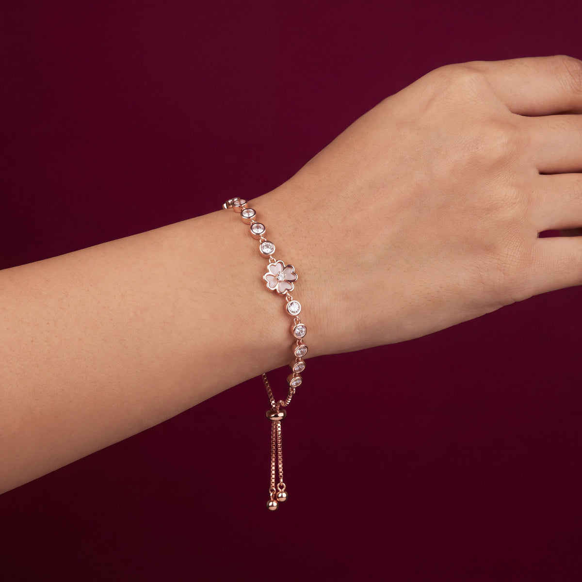 White Enamel Sakura Flower Bezel Chain Bracelet